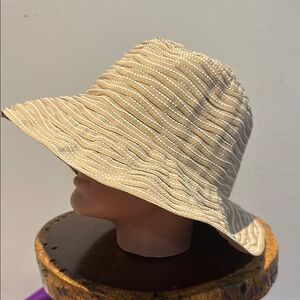 Shihreen Tan White Ribbon Weaves and Sown Hat with Medium Brim Packable EUC